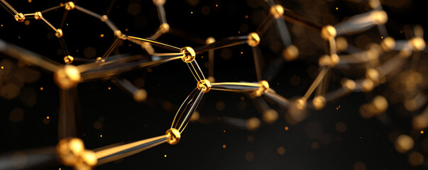 Golden molecular structure with connected nodes on dark background with bokeh effect, representing science and technology concepts