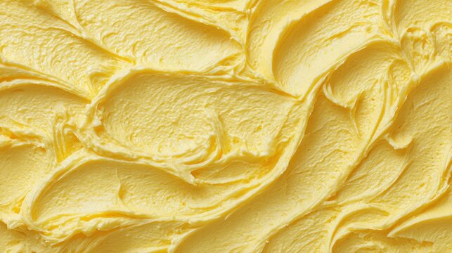 Creamy yellow buttercream frosting texture, close-up of swirled lemon icing background