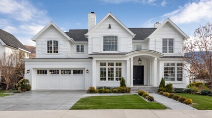 Elegant modern white luxury farmhouse home featuring black accents and a three car garage