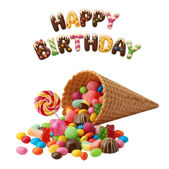 Happy Birthday Candy Explosion Spilling from Waffle Cone, Cut-out