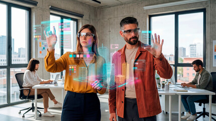 Two architects evaluating holographic city models inside a collaborative office