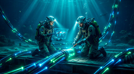 Underwater engineers repairing a glowing data cable during a deep sea operation