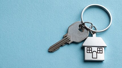 Silver house key with a house-shaped keychain on a light blue background