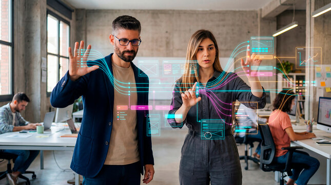 Designers mapping digital workflow through a holographic interface in an open office