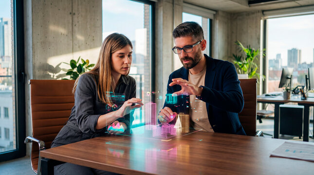 Colleagues reviewing holographic city models during a planning meeting in a modern office