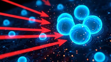 Abstract digital network with glowing blue spheres and red arrows indicating data flow - Powered by Adobe