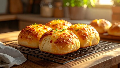 A warm kitchen scene showing freshly baked cheese rolls cooling on a wire rack, golden crusts with melted cheese and savory filling, soft natural light, homemade comfort food photography.