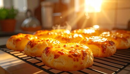 A warm kitchen scene showing freshly baked cheese rolls cooling on a wire rack, golden crusts with melted cheese and savory filling, soft natural light, homemade comfort food photography.