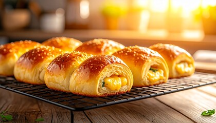 A warm kitchen scene showing freshly baked cheese rolls cooling on a wire rack, golden crusts with melted cheese and savory filling, soft natural light, homemade comfort food photography.