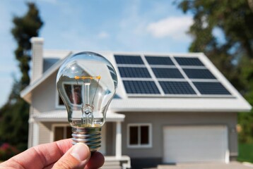 Hand Holding Light Bulb in Front of House with Solar Panels Under Clear Sky During Daylight