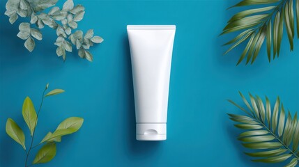 White blank cosmetic tube mockup with green leaves on blue background