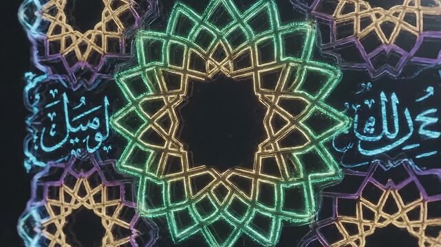 Vibrant Islamic geometric patterns with Arabic calligraphy shining bright