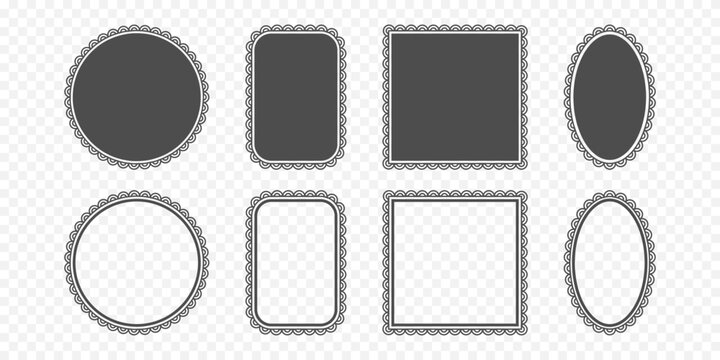Vintage lace frame set. Scalloped frames silhouette and outline. Retro scallop border. Handmade style blank label badge