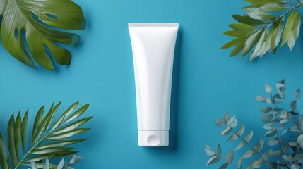 White cosmetic tube mockup on blue background with green tropical leaves flat lay