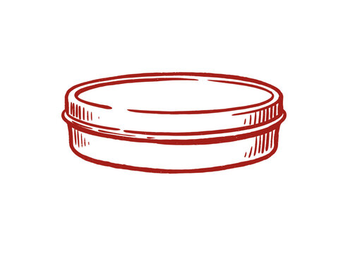 Hand drawn metal tin icon.Small round container vector.Vintage cosmetic balm box.Engraving style pomade jar.Lip balm tin sketch design