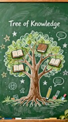 Conceptualization of learning, knowledge metaphor on the chalkboard with book accents