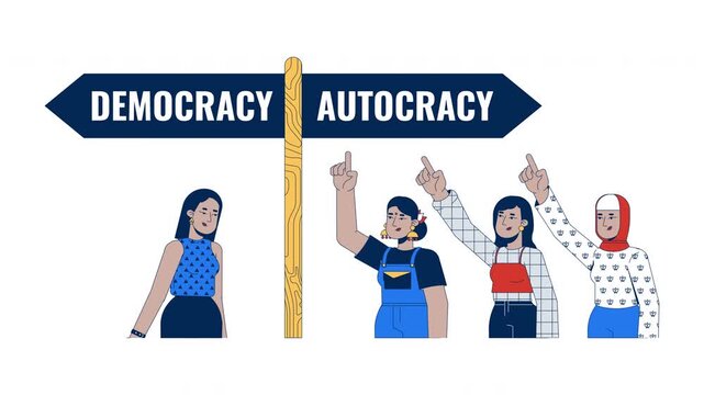 Failing democracy and rising autocracy 2D animation. Democratic backsliding. Diverse civic women voting at crossroad animated characters cartoon flat concept metaphor 4K video isolated on white