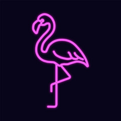 Vector illustration of a pink neon flamingo sign with glowing outline. Stylized tropical bird in neon light style, isolated on dark background. Perfect for nightlife design, club posters.