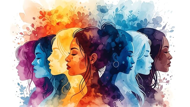 Vibrant watercolor portrait of diverse women in profile view together