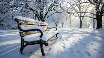 A snow-covered bench sits alone in a serene winter park landscape