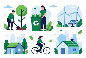 Environmental Sustainability Practices Illustrated with Gardening, Recycling, Renewable Energy, and Eco-Friendly Lifestyles