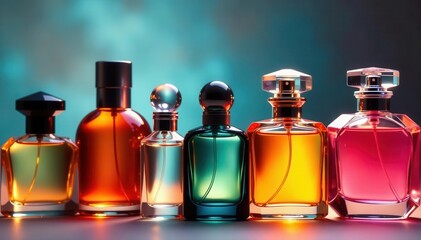 Assortment of colorful perfume bottles, diverse styles, sizes, stylish
