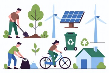 Eco-friendly Activities Illustration with Renewable Energy, Tree Planting, Recycling, and Sustainable Living Elements