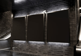 Three billboards on underground wall Mockup. Vertical hoardings in dark subway station. 3D rendering