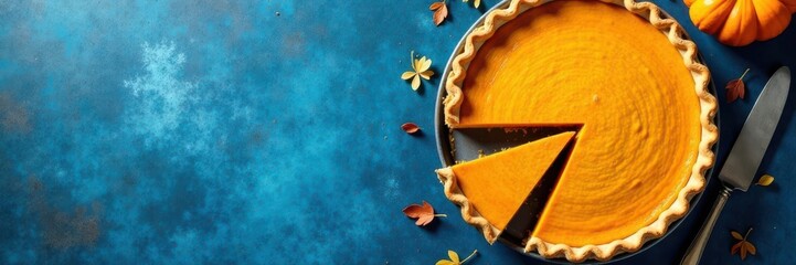 Overhead view of pumpkin pie slices on blue, ready to be served , pie, food