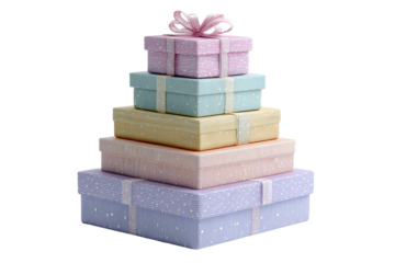 Elegant pastel gift box tower arrangement isolated on transparent background