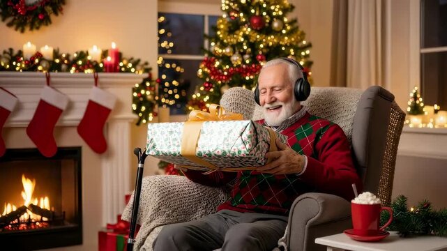 Woman giving Christmas present to happy elderly man wearing headphones and argyle sweater in festive living room with fireplace and tree.