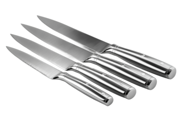 Sharp stainless steel chef knives arrangement isolated on transparent background