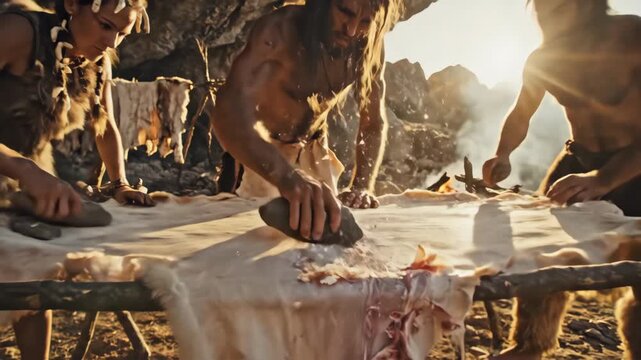 Primitive adult men and woman processing animal hides in an ancient settlement. Concept of early human survival