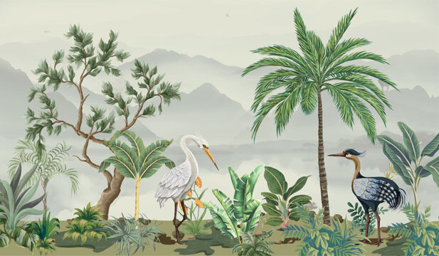 Wallpaper Jungle and Leaves Tropical Forest Mural Parrot and Birds Butterflies Old Drawing Vintage Background