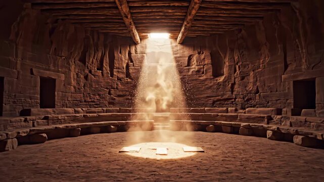 Mysterious warm light beam illuminating a sacred ancient kiva. Concept of spirituality and history