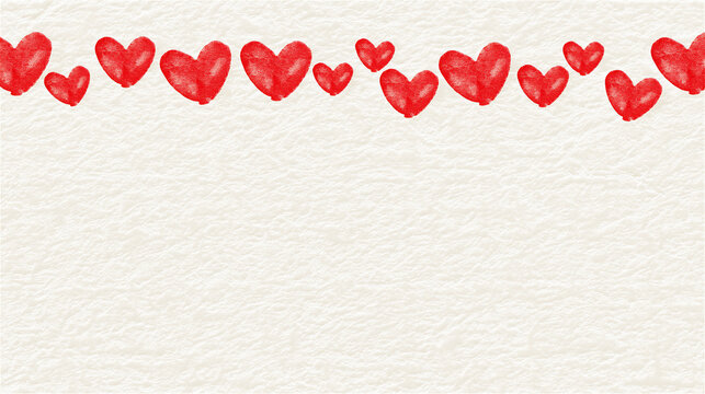 White textured paper background with a border of small red hearts along the top edge and wide copy space below. Clean Valentine header for cards, banners, emails, and templates.