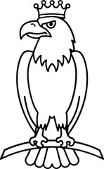 Eagle wearing a crown perched on a branch, line art illustration of a majestic bird with regal symbolism