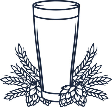 beer pint glass with barley and hop plants illustration for brewing and beer concept