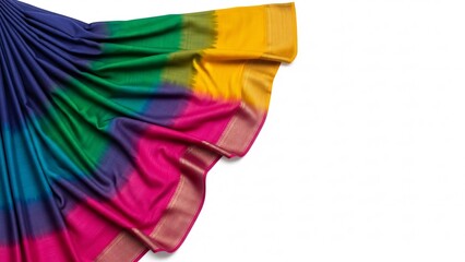 Vibrant multicolored fabric with gold accents draped elegantly