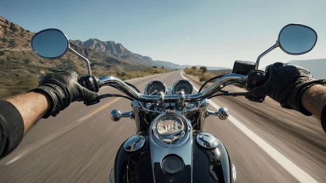 First person point of view riding a classic motorcycle on an empty desert highway