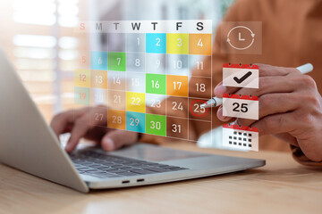 Time Management Planning and Scheduling for Business Appointments, Man Marking Dates on Digital Calendar Interface Using Laptop.