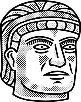 ancient olmec colossal head illustration with detailed facial features and headwear design