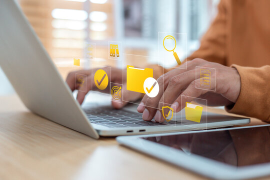 Person archiving sensitive information on secure online database, data management and privacy concept.