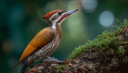 Woodpecker on Branch A striking woodpecker with vibrant plumage perches elegantly on a moss-covered branch, its focused gaze and poised demeanor capturing the raw beauty of the natural world.