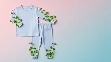 Elegant blue outfit with green plant details on pastel background