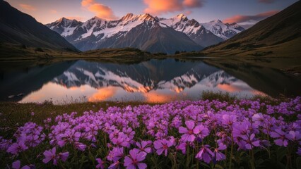 Serene mountain lake with purple flowers at sunset