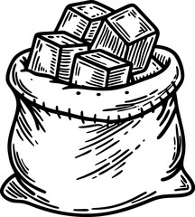 Bag filled with sugar cubes vintage hand drawn illustration of a sack containing several sugar lumps