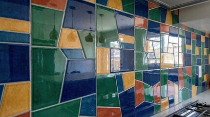 High-detail shot of glossy ceramic tiles, reflecting light, smooth and colorful surface