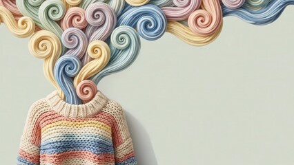 Vibrant swirling yarn threads emerging from cozy knitted sweater