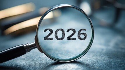 Magnifying glass focusing on the year 2026 representing future business planning and economic analysis